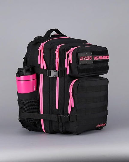 WOLFpak 35L Athletic Gym Backpack - Durable 1000D Waterproof Oxford Material with MOLLE Webbing, Laptop Pocket & Dual Cup Holders, Durable Fitness/Travel/Military Daypack (Black Neon Pink)
