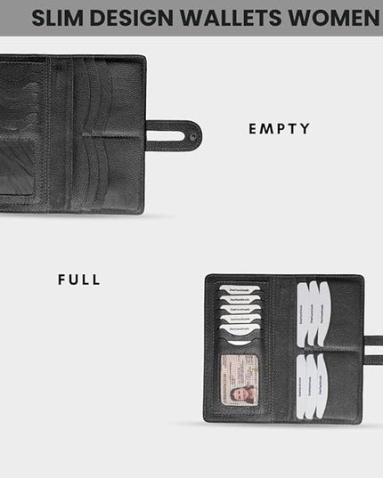 DEERHANDMADE womens wallet (Holds 15-18 Cards, 4 Flat Pockets, 1 ID Windows) Genuine Leather clutch purses for women | Slim long wallets for women | rfid blocking wallet (black wallet)