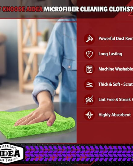 AIDEA Microfiber Cleaning Cloth, 20PK, Microfiber Towels for Cars, Premium All Purpose Car Cloths, Dusting Cloth Cleaning Rags, Absorbent Towels for SUVs, House, Kitchen, Window, 12"×12", Green
