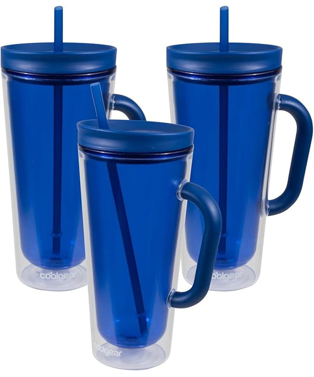 COOL GEAR 3-Pack 26 oz Spritz Tumbler with Straw and Handle | Pressure Fit Lid, Colored Re-Usable Tumbler Water Bottle with Straw and Handle - Blueberry Pack