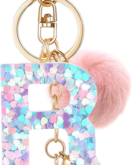 Resin Alphabet Initial Letter Keychain Keyring for Women Purse Handbags With Fur Ball Pom