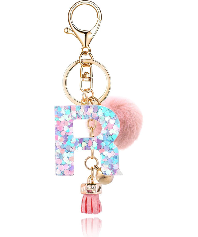 Resin Alphabet Initial Letter Keychain Keyring for Women Purse Handbags With Fur Ball Pom