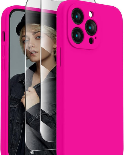FireNova Designed for iPhone 14 Pro Max Case, Silicone Upgraded [Camera Protection] Case with [2 Screen Protectors], Soft Anti-Scratch Microfiber Lining Inside, 6.7 inch, Hot Pink