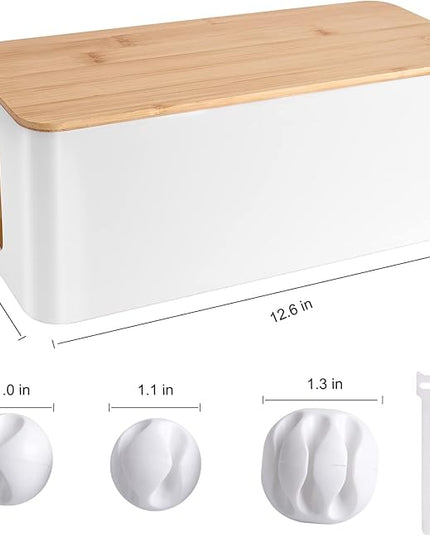 Cable Management Box - Wooden Style Cord Organizer Box to Hide Wires & Power Strips | Desk Computer Cable Organizer Box | Safe ABS Material | 12.6" (L) x 5.3" (W) 4.9" (H) | for Home & Office - White