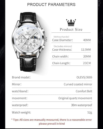 OLEVS Men's Watches Leather Strap Analog Quartz Watch, Fashion Big Dial Date Waterproof Watch, Dress Luxury Luminous Men Watches