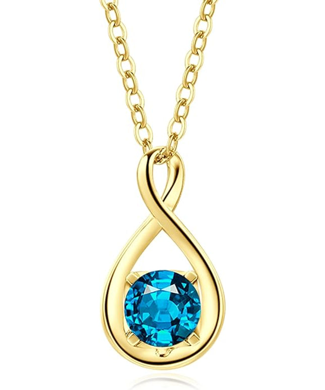 FANCIME 14K Solid Gold Birthstone Pendant with Sterling Silver Chain Infinity Gemstone Necklace Fine Jewelry Anniversary Birthday Christmas Gifts for Women Wife Her