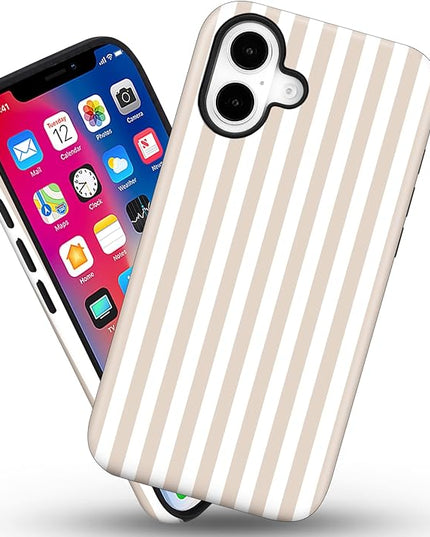 Magnetic for iPhone 16 Plus Case Cute Stripes Phone Case, Shockproof Slim TPU and Hard PC Protective Phone Cover Compatible with MagSafe Designed for Women Girls, Apricot