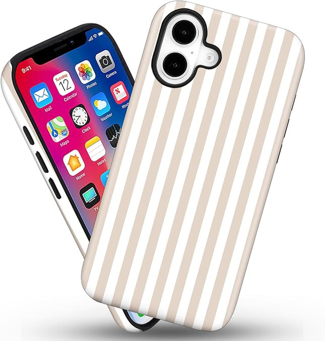Magnetic for iPhone 16 Plus Case Cute Stripes Phone Case, Shockproof Slim TPU and Hard PC Protective Phone Cover Compatible with MagSafe Designed for Women Girls, Apricot
