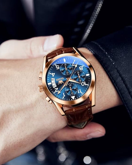 OLEVS Men's Watches Leather Strap Analog Quartz Watch, Fashion Big Dial Date Waterproof Watch, Dress Luxury Luminous Men Watches