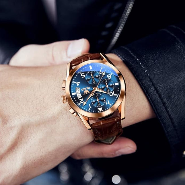 OLEVS Men's Watches Leather Strap Analog Quartz Watch, Fashion Big Dial Date Waterproof Watch, Dress Luxury Luminous Men Watches