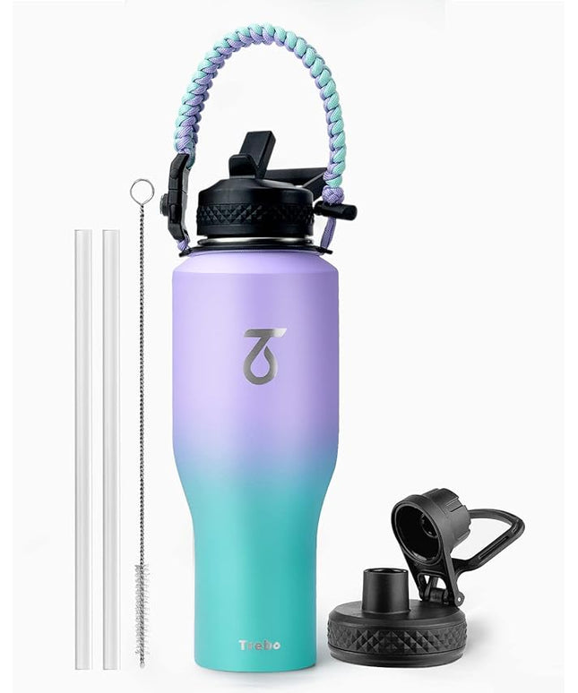 Trebo 40oz Insulated Water Bottle that Fits in Cup Holder, Stainless Steel Double Wall Tumbler Bottles with Paracord Handle, Flask with Straw Spout Lids, Keep Cold for 48 Hrs/Hot 24 Hrs,Cotton Candy