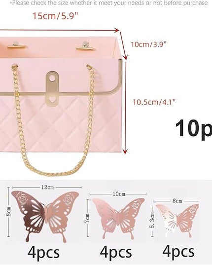 JHXTZ 10 Pack Flower Paper Gift Bags with 12pcs Rose Gold 3D Butterfly Decoration, Portable Floral Handbag Box with Metal Chain, Florist Carrier for Valentine's Day Birthday Gifts (Pink)
