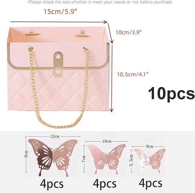 JHXTZ 10 Pack Flower Paper Gift Bags with 12pcs Rose Gold 3D Butterfly Decoration, Portable Floral Handbag Box with Metal Chain, Florist Carrier for Valentine's Day Birthday Gifts (Pink)