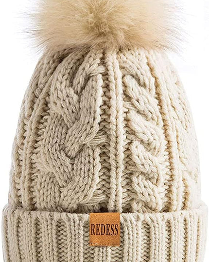 REDESS Women Winter Pompom Beanie Hat with Warm Fleece Lined, Thick Slouchy Snow Knit Skull Ski Cap