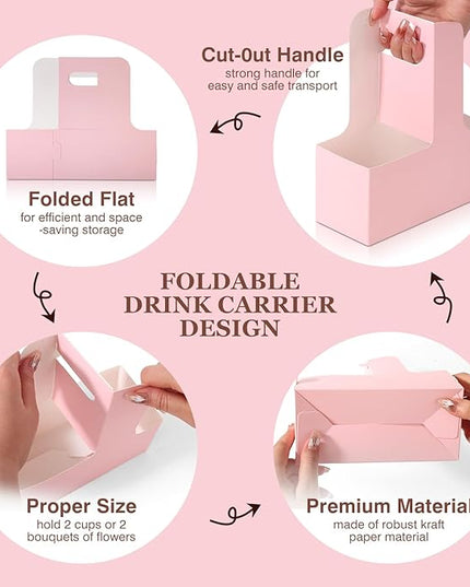 Bakbania Floral Wrap Packing Boxes 20 Pcs Pink Flower Gift Bags 2 Cup Disposable Drink Carrier with Handle for Wedding Party Decor