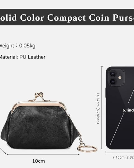 Genuine Leather Wallet Retro Kiss Lock Change Pouch Portable Coin Purse Key Case for Women Gift Box Black (Black)