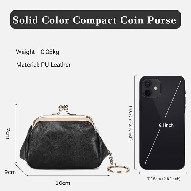 Genuine Leather Wallet Retro Kiss Lock Change Pouch Portable Coin Purse Key Case for Women Gift Box Black (Black)