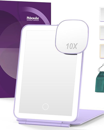 LED Foldable Travel Makeup Mirror - 5x7 inches3 Colors Light Modes USB Rechargeable Touch Screen, Portable Tabletop Cosmetic Mirror for Travel, Cosmetic, Office (Violet)
