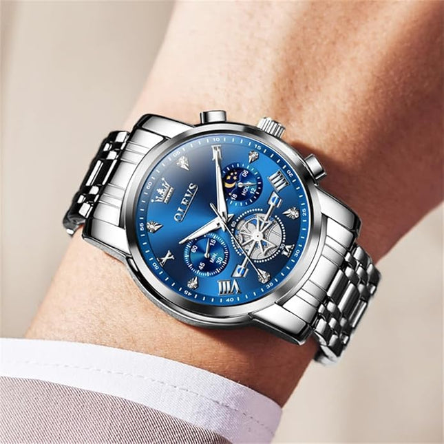 OLEVS Mens Watches Chronograph Watch Luxury Dress Stainless Steel Waterproof Watches for Men Moon Phase Luminous Business Calendar Wrist Watch Blue/Black/Green/Gold/Face