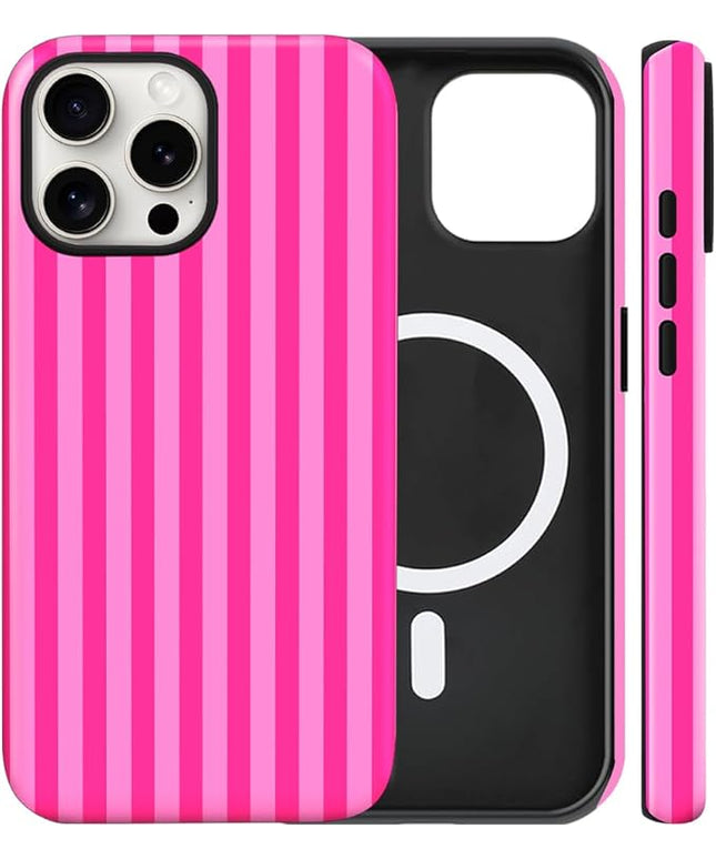 Magnetic for iPhone 11 Case Cute Stripes Phone Case, Shockproof Slim TPU and Hard PC Protective Phone Cover Compatible with MagSafe Designed for Women Girls, Deep Pink