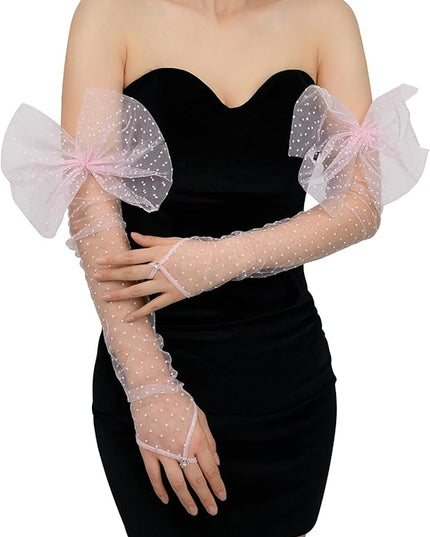 Long Fingerless Lace Gloves with Bow Polka Dot Wedding Bridal Mesh Sheer Gloves Long Opera Party Accessories