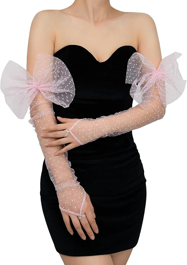 Long Fingerless Lace Gloves with Bow Polka Dot Wedding Bridal Mesh Sheer Gloves Long Opera Party Accessories