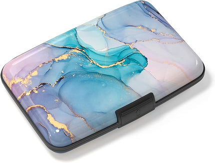 Atufsuat Credit Card Holder, Mini Aluminum Card Wallet RFID Blocking Slim Metal Hard Card Case for Women Men, Purple Gold Marble