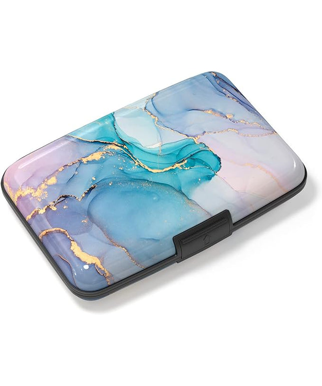 Atufsuat Credit Card Holder, Mini Aluminum Card Wallet RFID Blocking Slim Metal Hard Card Case for Women Men, Purple Gold Marble