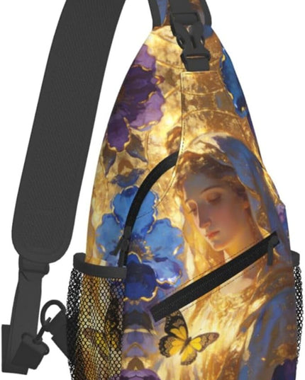 Our Lady of Guadalupe Sling Bag Crossbody Bags Clovers Chest Bag for Travel Hiking for Men Women Golden Mary 5