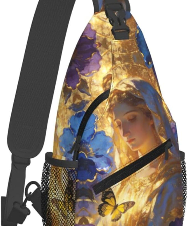 Our Lady of Guadalupe Sling Bag Crossbody Bags Clovers Chest Bag for Travel Hiking for Men Women Golden Mary 5
