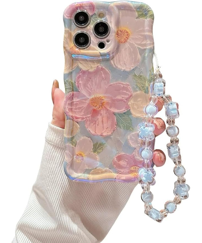 for iPhone 16 Pro Max Wavy Case, [Curly Protection Frame][Vintage Glossy Oil Painting Floral Print] with Lovely Bead Chain for Grils and Women (Green)