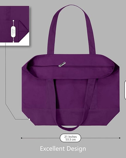 TOPDesign 1-Pack Canvas Tote Bags with an External Pocket, Reusable Grocery Shopping Bags, Top Zipper Closure, Daily Essentials (Purple)