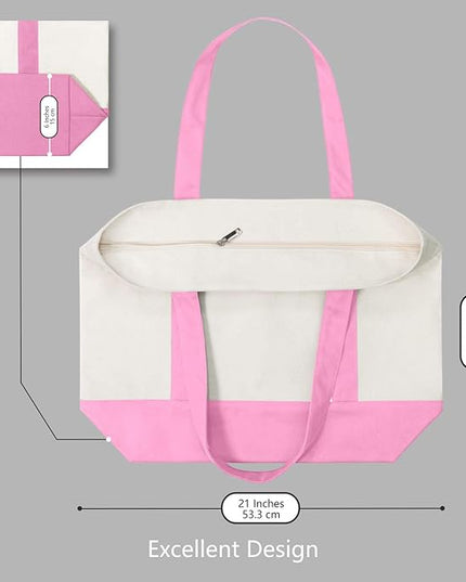 TOPDesign 1-Pack Canvas Tote Bag with an External Pocket, Reusable Grocery Shopping Bag, Top Zipper Closure, Daily Essentials (Pink/Natural)