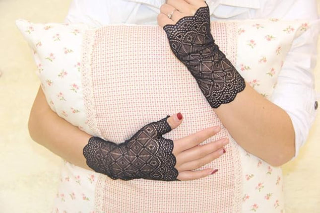 Women's Short Lace Gloves Fingerless for Driving Wedding Wrist Length Bridal Prom Gloves