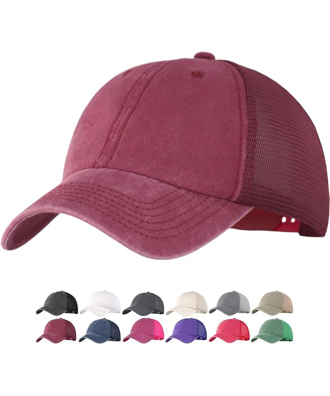 Vintage Washed Soft Crown Baseball Cap Plain Snapback Trucker Hat Men Women Adjustable Distressed Mesh-Back Ball Cap