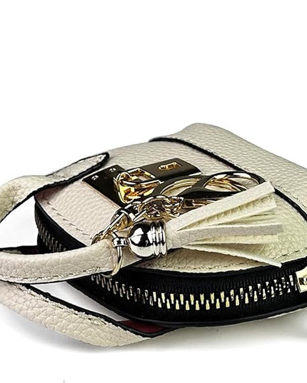 Plinvo Cute Genuine Leather Keychain Coin Purse for Women with Tassels Mini Change Pouch Brown (Off white)
