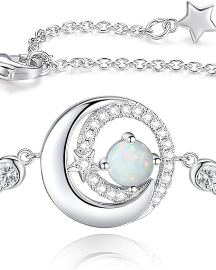 FANCIME Birthstone Bracelets 925 Sterling Silver Moon and Star Bangle Charm Bracelet Fine Jewelry Birthday Anniversary Christmas Day Gift for Her Women, Adjustable Chain 6.7"+1.2" Extend