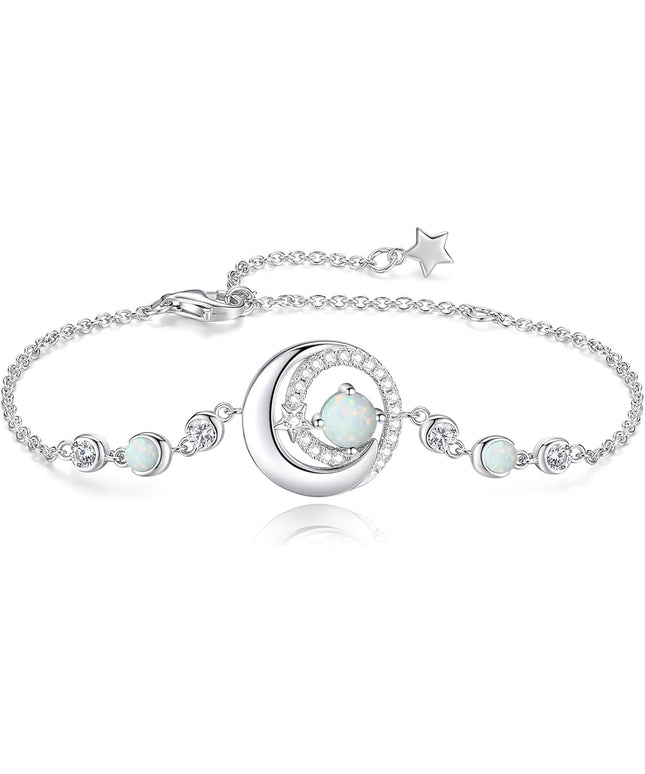 FANCIME Birthstone Bracelets 925 Sterling Silver Moon and Star Bangle Charm Bracelet Fine Jewelry Birthday Anniversary Christmas Day Gift for Her Women, Adjustable Chain 6.7"+1.2" Extend