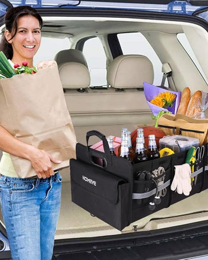 Homeve Trunk Organizer for Car, Collapsible Storage Box, Car Storage Organizer, 6 Compartment, Multi Pockets, Non Slip Strips, 2 Adjustable Securing Straps, Black