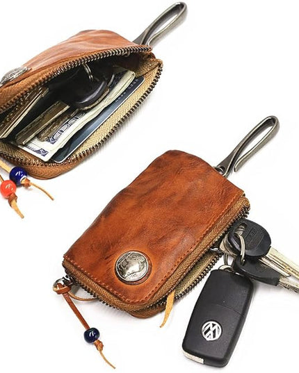 Wugebud 1 Pcs Leather Mini Medieval Pouch Keychain, Coin Organizer, Change Holder, Leather zipper Pouch for Men & Women