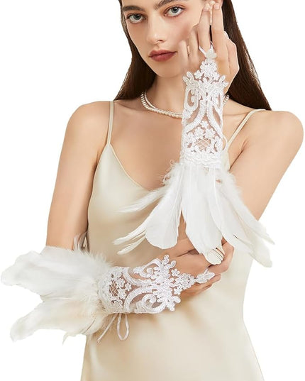 Women's Long Gothic Lace Gloves Feather Fingerless Gloves Stretch Wrist Cuffs for Wedding Party Halloween