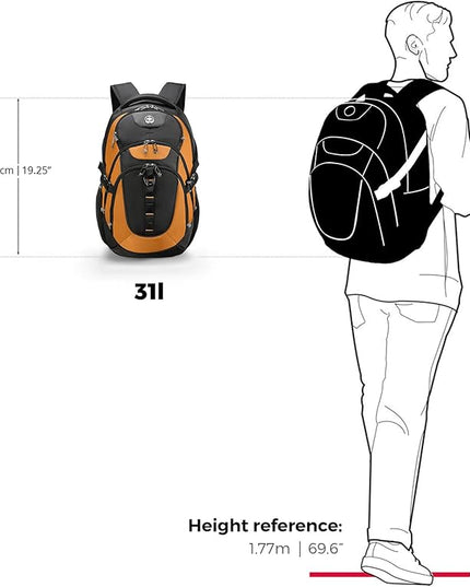 Swissdigital Design Laptop Backpack with USB Charging Port, Travel Backpack Fits 15.6 inches Computer, 31L College School Backpack for Men, Orange/Black | SD803-66