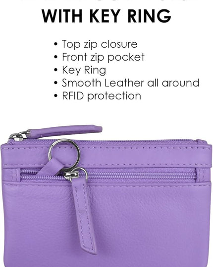 ili New York Mini Leather Coin Purse, Compact Design with Key Ring and RFID Protection for Women and Men in Vibrant Colors, Amethyst