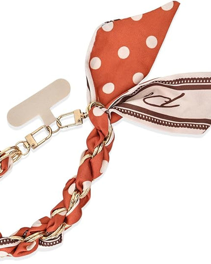 Fycyko Phone Wrist Strap with Gold Metal Scarf and Universal Tether Tab, Aesthetic Print Design Ribbon Chain, Multi-Purpose Accessories for Bag Key Cellphone for Men Women Girls-Orange Polka Dot