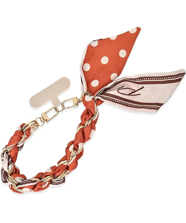 Fycyko Phone Wrist Strap with Gold Metal Scarf and Universal Tether Tab, Aesthetic Print Design Ribbon Chain, Multi-Purpose Accessories for Bag Key Cellphone for Men Women Girls-Orange Polka Dot
