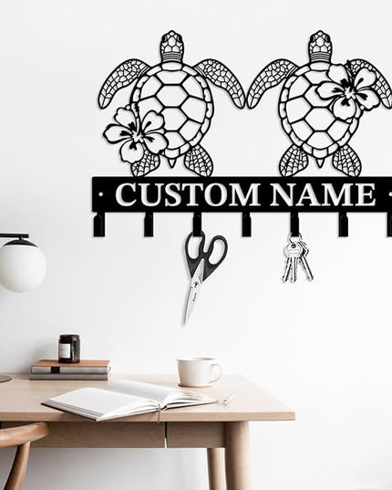 Casebrick Custom Sea Turtle Metal Wall Hooks,Key Holder-Personalized Iron Wall Decor for Keys, Coats & Home Organization (Black, Handmade,Decorative for Entryway, Beach,Bedroom,Office) (Style D)