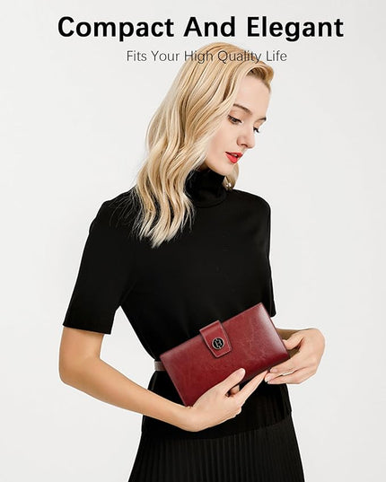 BOSTANTEN Womens Wallet Genuine Leather Wallets Large Capacity Cash Cluth Purse with Zipper Pocket Wine Red