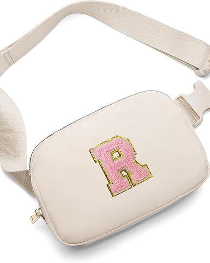 Gitus Belt Bag Fanny Pack Crossbody Bags with Initial Letter Patch Cute Stuff Birthday Gifts for Teenager Girls Trendy Preppy Stuff for Teen Girls(Beige-R)