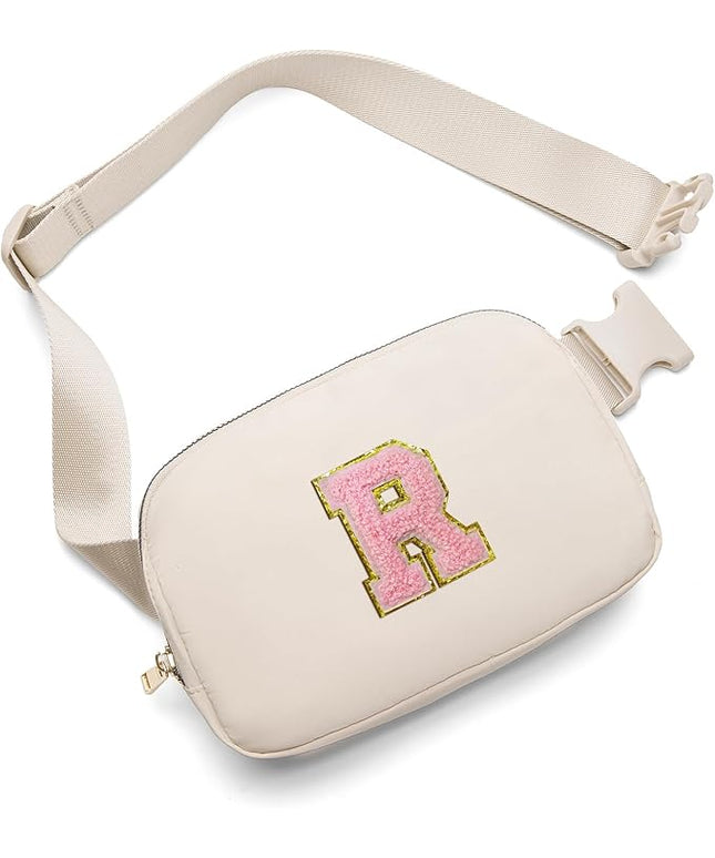 Gitus Belt Bag Fanny Pack Crossbody Bags with Initial Letter Patch Cute Stuff Birthday Gifts for Teenager Girls Trendy Preppy Stuff for Teen Girls(Beige-R)