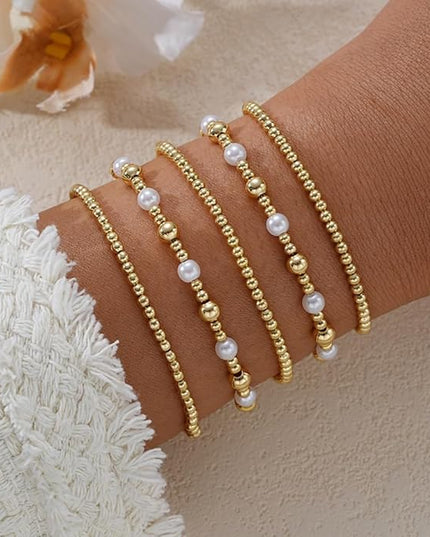 Gold Beaded Bracelets for Women, 14K Real Gold Plated Jewelry for Women Dainty Pearl Bead Bracelets Stack, Non Tarnish Trendy Stackable Ball Cross Stretch Bracelet Set Fashion Accessories Gifts